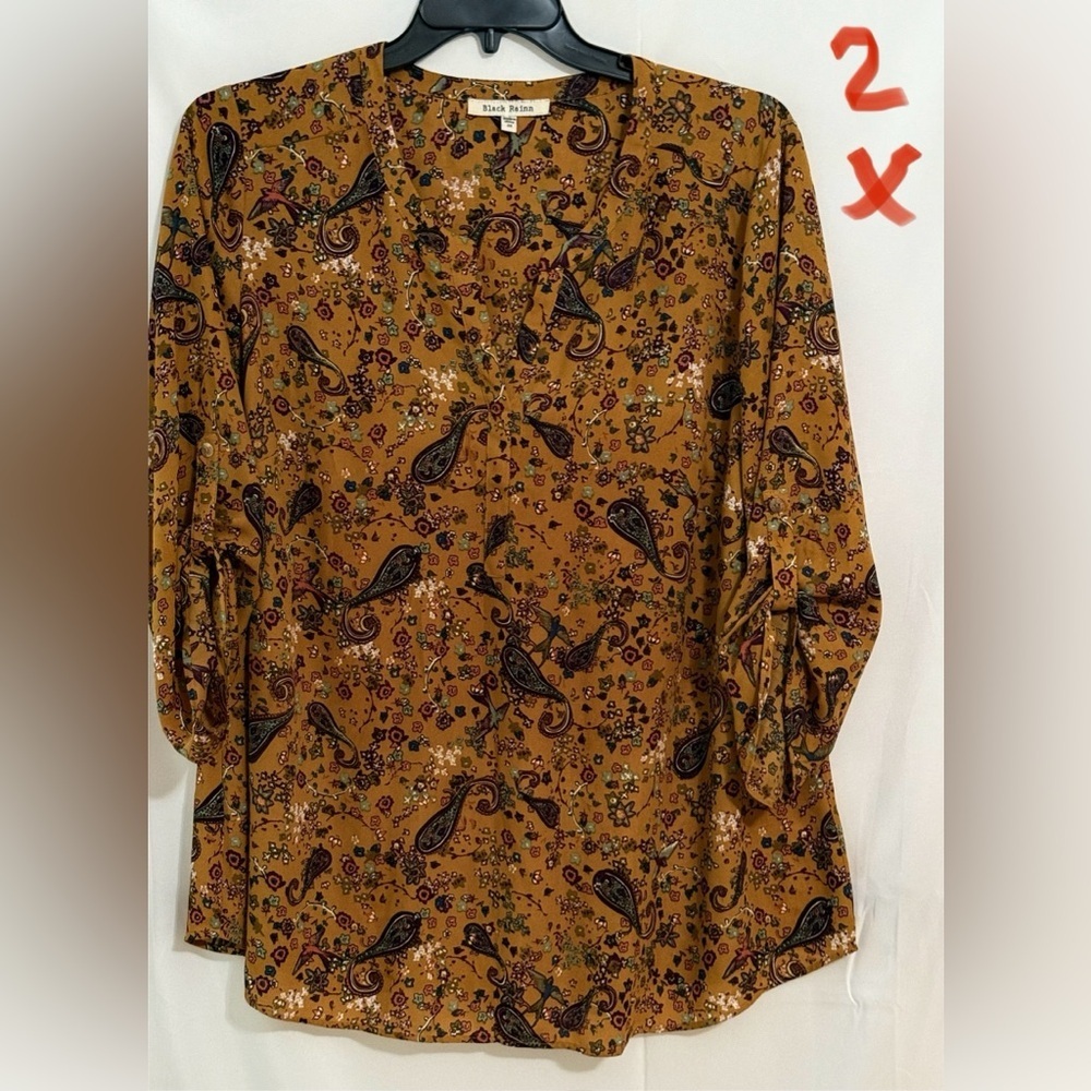 Black Rainn Multicolored 3/4 Sleeve Blouse with Mandarin Collar
